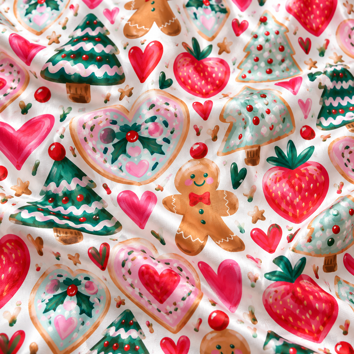 PJ-1757-"Gingerbread Strawberry Satin Pajama Set with Christmas Trees Hearts Candy Canes and Festive Holiday Pattern for Cozy Sleepwear "