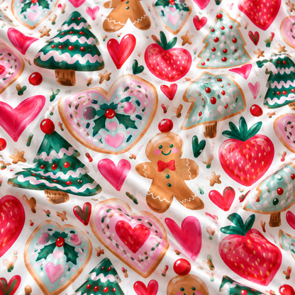 PJ-1757-"Gingerbread Strawberry Satin Pajama Set with Christmas Trees Hearts Candy Canes and Festive Holiday Pattern for Cozy Sleepwear "
