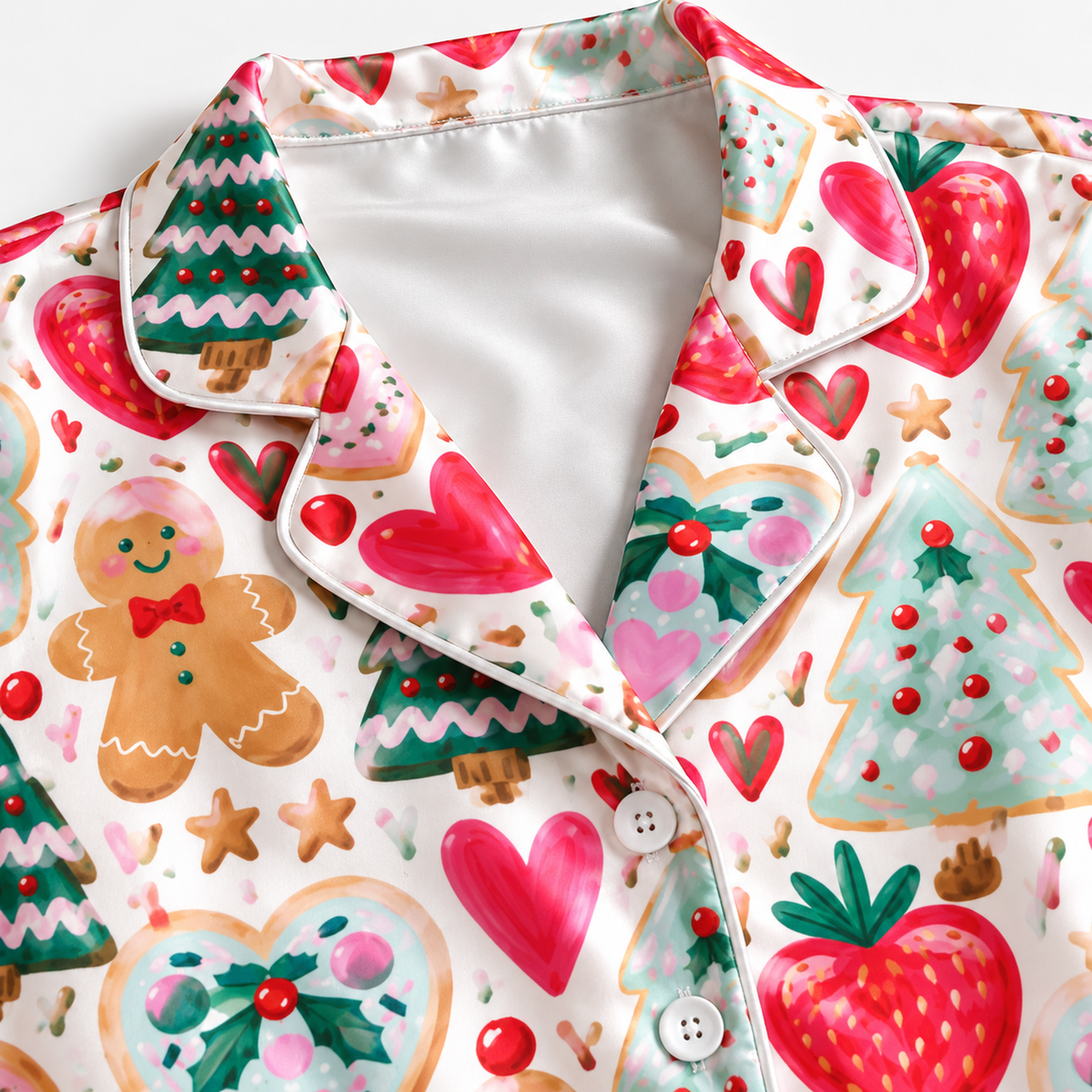 PJ-1757-"Gingerbread Strawberry Satin Pajama Set with Christmas Trees Hearts Candy Canes and Festive Holiday Pattern for Cozy Sleepwear "