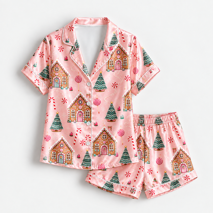 PJ-1758-Gingerbread House Satin Pajama Set with Christmas Trees Candy Canes Peppermints and Sweet Pink Holiday Pattern for Cozy Sleepwear