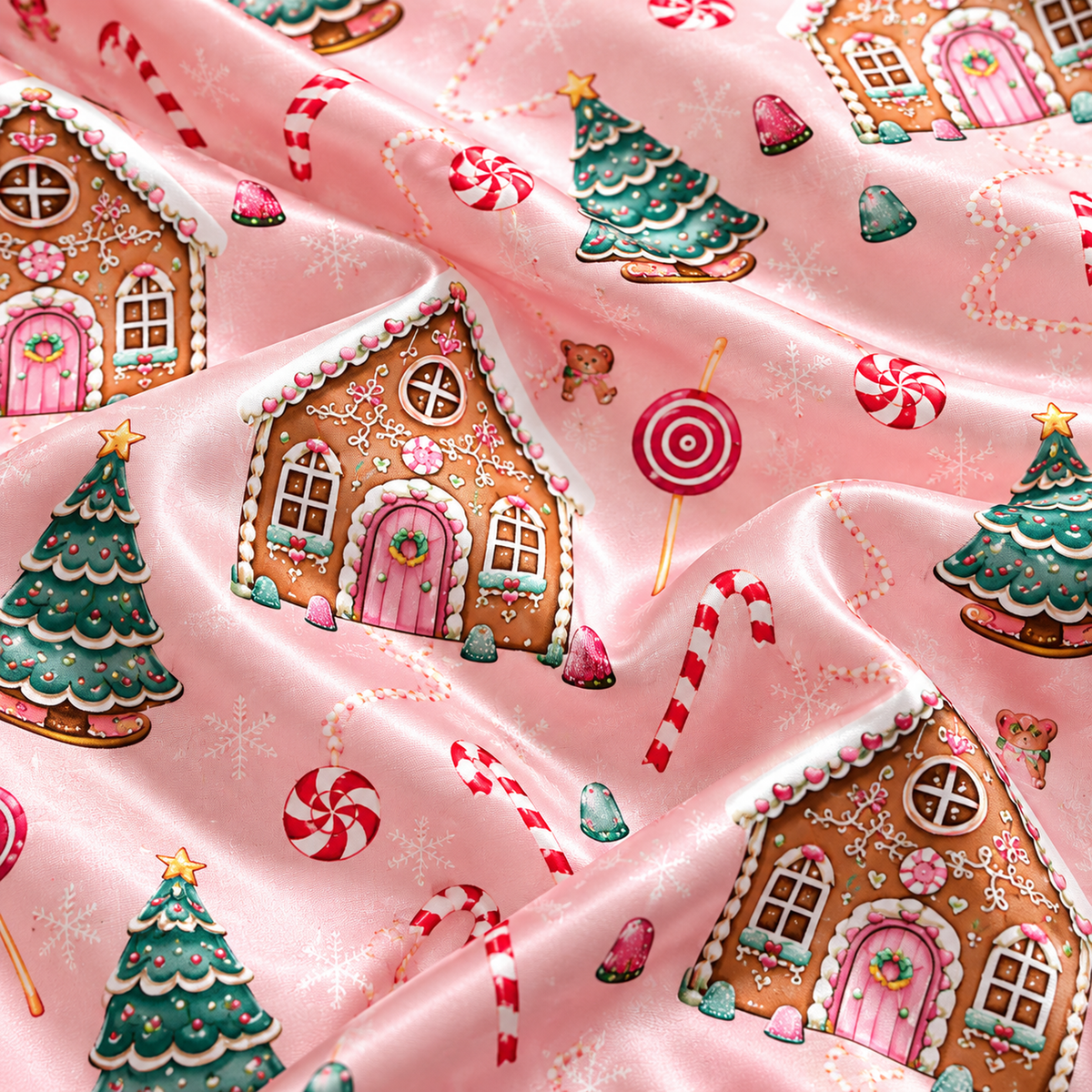 PJ-1758-Gingerbread House Satin Pajama Set with Christmas Trees Candy Canes Peppermints and Sweet Pink Holiday Pattern for Cozy Sleepwear