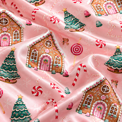 PJ-1758-Gingerbread House Satin Pajama Set with Christmas Trees Candy Canes Peppermints and Sweet Pink Holiday Pattern for Cozy Sleepwear
