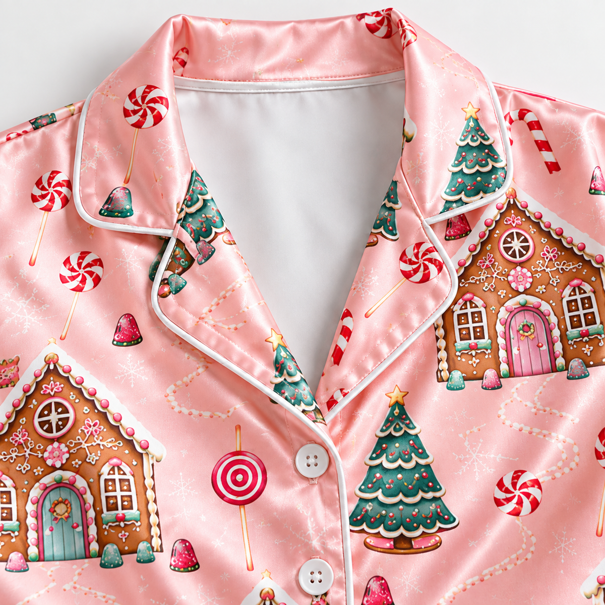 PJ-1758-Gingerbread House Satin Pajama Set with Christmas Trees Candy Canes Peppermints and Sweet Pink Holiday Pattern for Cozy Sleepwear