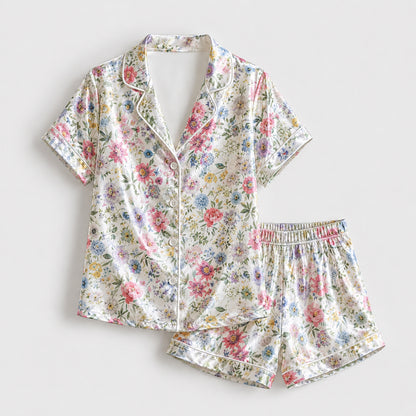 PJ-176-Garden Floral Satin Pajama Set With Button Up Top And Soft Matching Sleepwear Bottoms FREE SHIPING