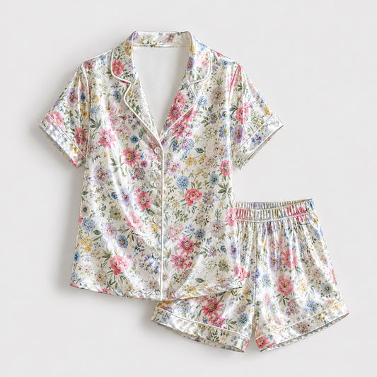 PJ-176-Garden Floral Satin Pajama Set With Button Up Top And Soft Matching Sleepwear Bottoms FREE SHIPPING