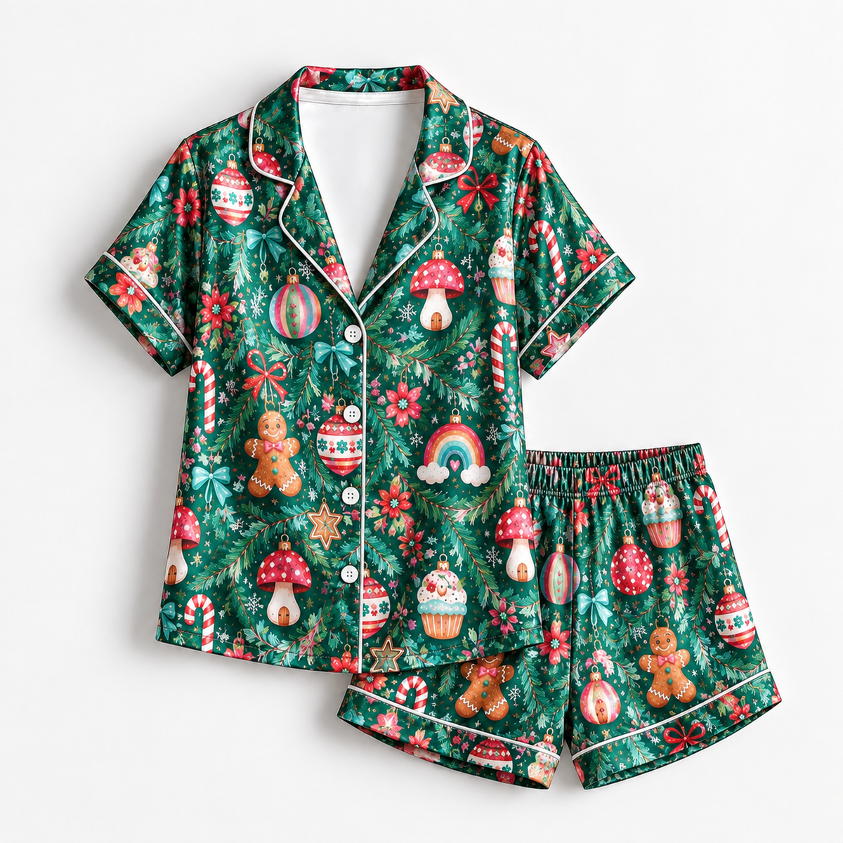 PJ-1763-Christmas Gingerbread Satin Pajama Set with Candy Canes Mushrooms Cupcakes Ornaments and Festive Holiday Garden Pattern for Cozy Sleepwear