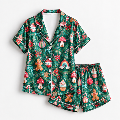 PJ-1763-Christmas Gingerbread Satin Pajama Set with Candy Canes Mushrooms Cupcakes Ornaments and Festive Holiday Garden Pattern for Cozy Sleepwear