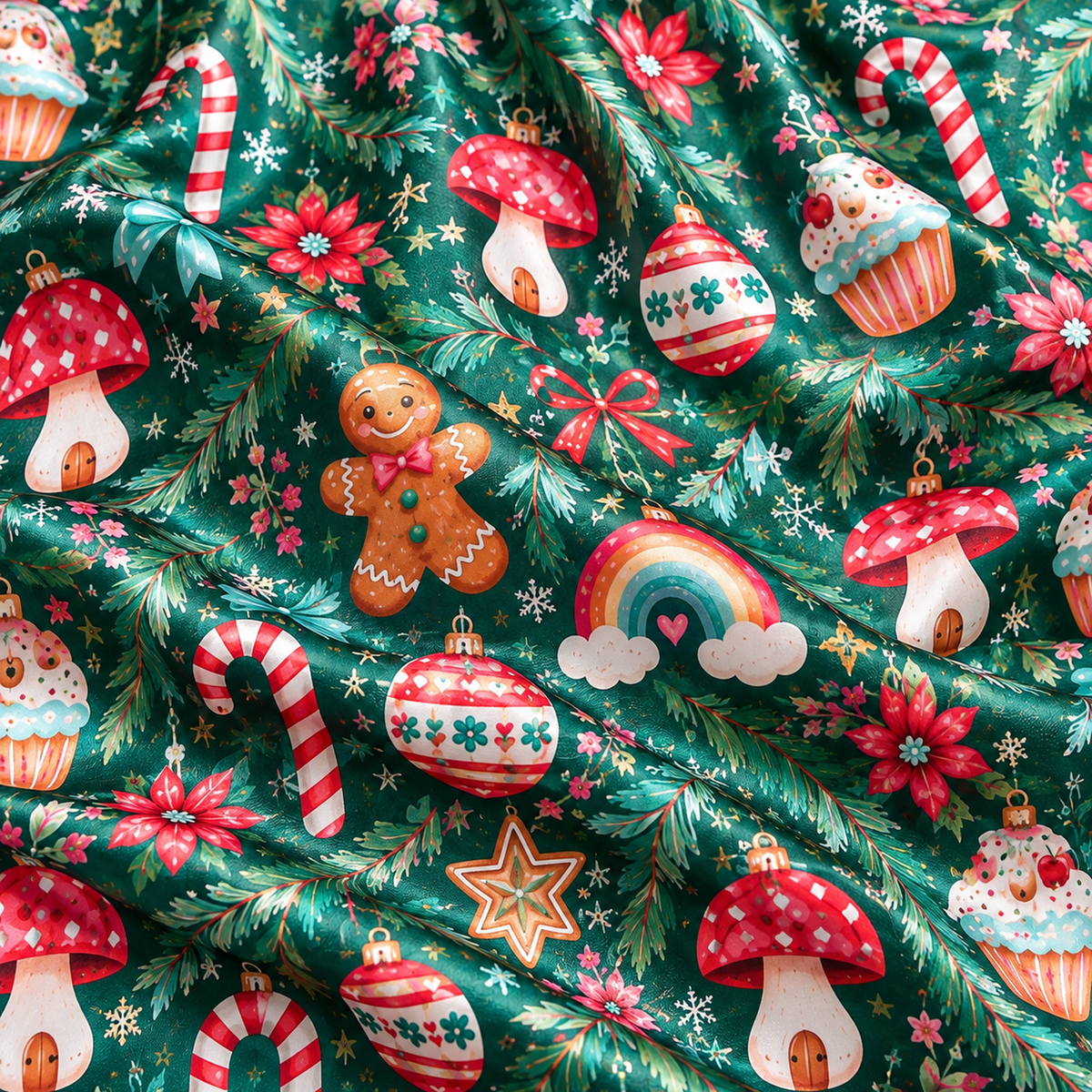 PJ-1763-Christmas Gingerbread Satin Pajama Set with Candy Canes Mushrooms Cupcakes Ornaments and Festive Holiday Garden Pattern for Cozy Sleepwear
