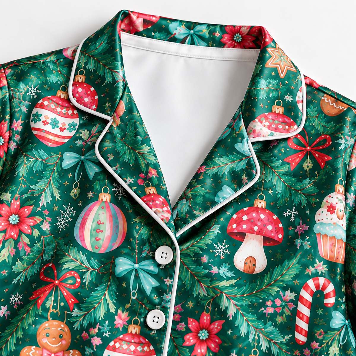 PJ-1763-Christmas Gingerbread Satin Pajama Set with Candy Canes Mushrooms Cupcakes Ornaments and Festive Holiday Garden Pattern for Cozy Sleepwear