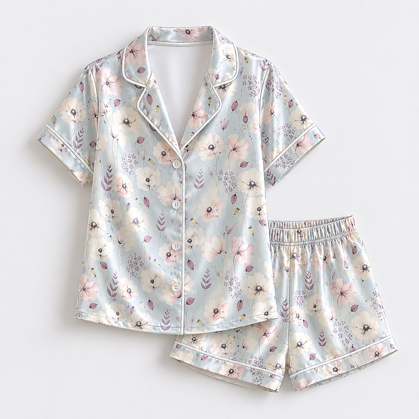 PJ-177-Pastel Blue Flower Satin Sleepwear Set With Botanical Print And Comfortable Matching Pajama Bottoms FREE SHIPING