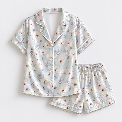 PJ-177-Pastel Blue Flower Satin Sleepwear Set With Botanical Print And Comfortable Matching Pajama Bottoms FREE SHIPING