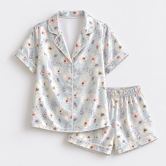 PJ-177-Pastel Blue Flower Satin Sleepwear Set With Botanical Print And Comfortable Matching Pajama Bottoms FREE SHIPPING