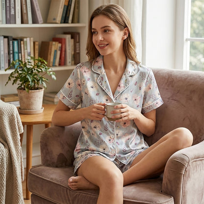 PJ-177-Pastel Blue Flower Satin Sleepwear Set With Botanical Print And Comfortable Matching Pajama Bottoms FREE SHIPING