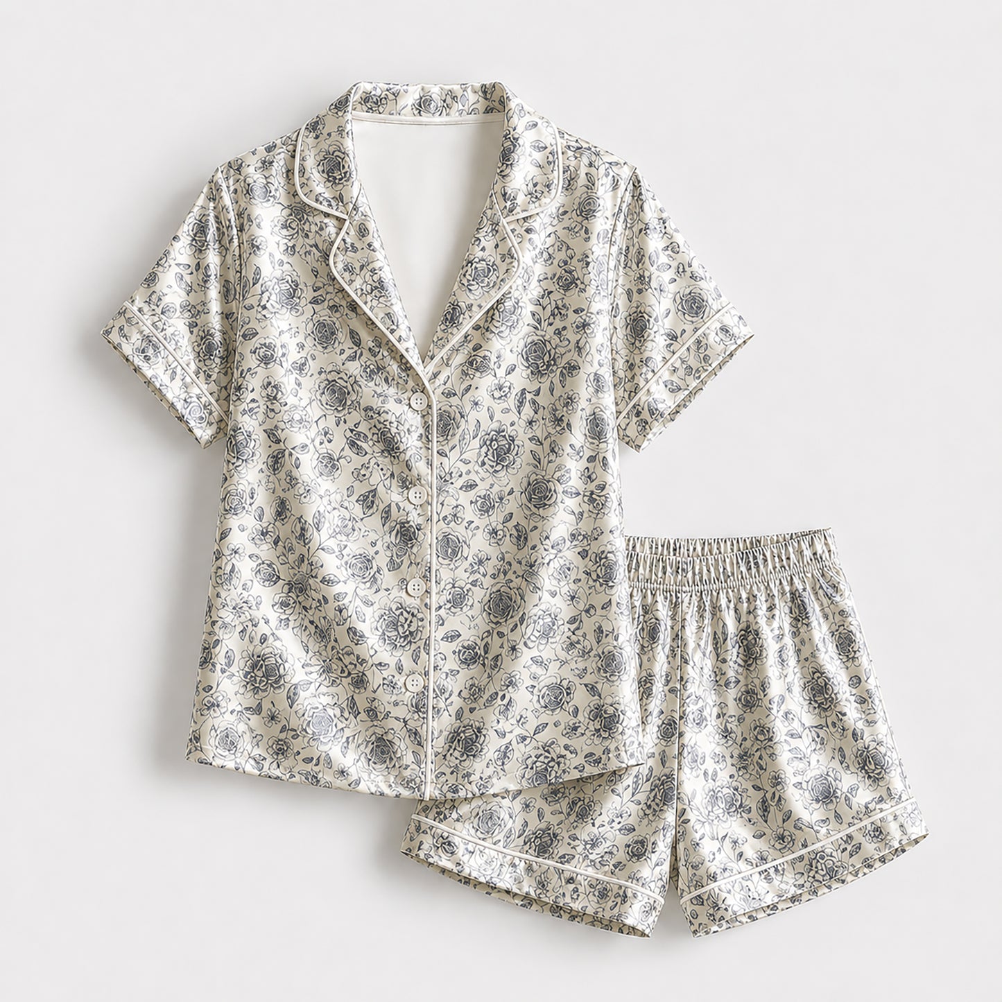 PJ-178-Vintage Floral Satin Sleepwear Set With Button Up Shirt And Comfortable Matching Pajama Bottoms FREE SHIPING