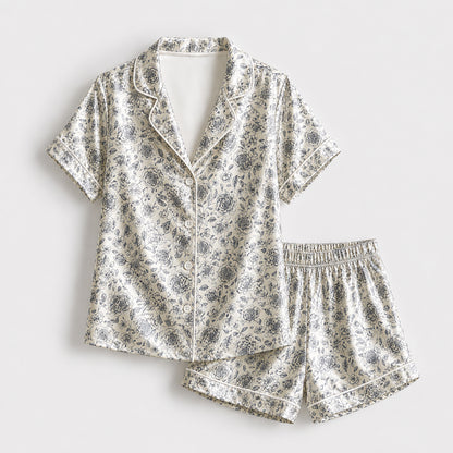 PJ-178-Vintage Floral Satin Sleepwear Set With Button Up Shirt And Comfortable Matching Pajama Bottoms FREE SHIPING