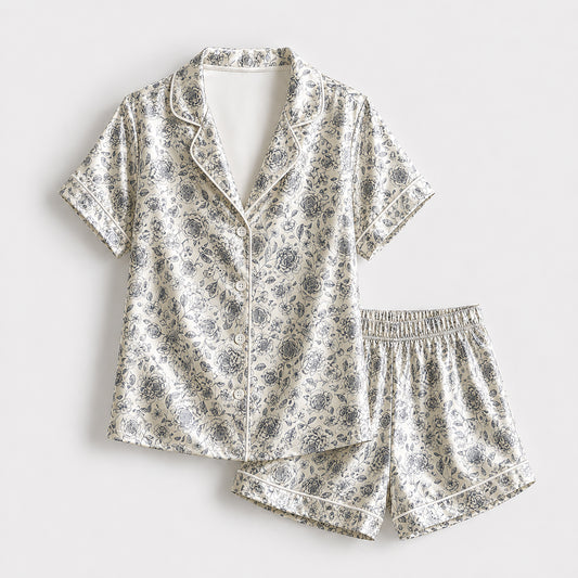 PJ-178-Vintage Floral Satin Sleepwear Set With Button Up Shirt And Comfortable Matching Pajama Bottoms FREE SHIPPING