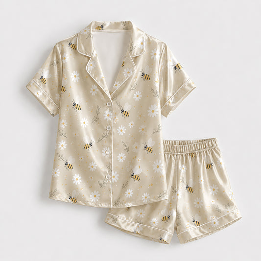 PJ-179-Honeybee Daisy Satin Pajama Set With Button Up Top And Soft Matching Sleepwear Bottoms FREE SHIPPING