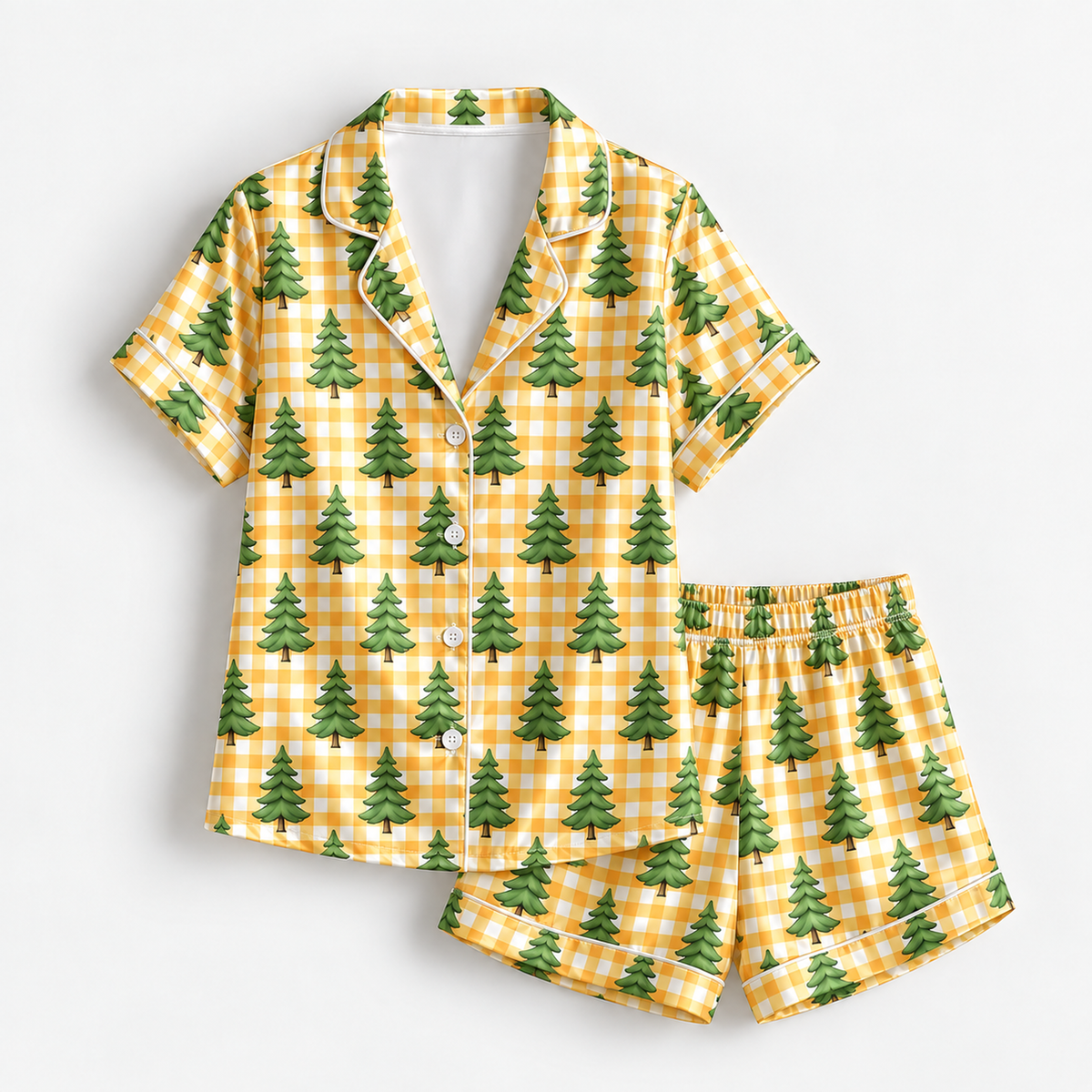 PJ-1792-Pine Tree Satin Pajama Set with Golden Gingham Checks and Evergreen Forest Pattern for Cozy Sleepwear