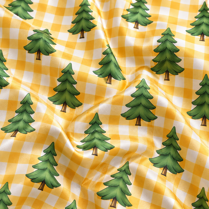 PJ-1792-Pine Tree Satin Pajama Set with Golden Gingham Checks and Evergreen Forest Pattern for Cozy Sleepwear