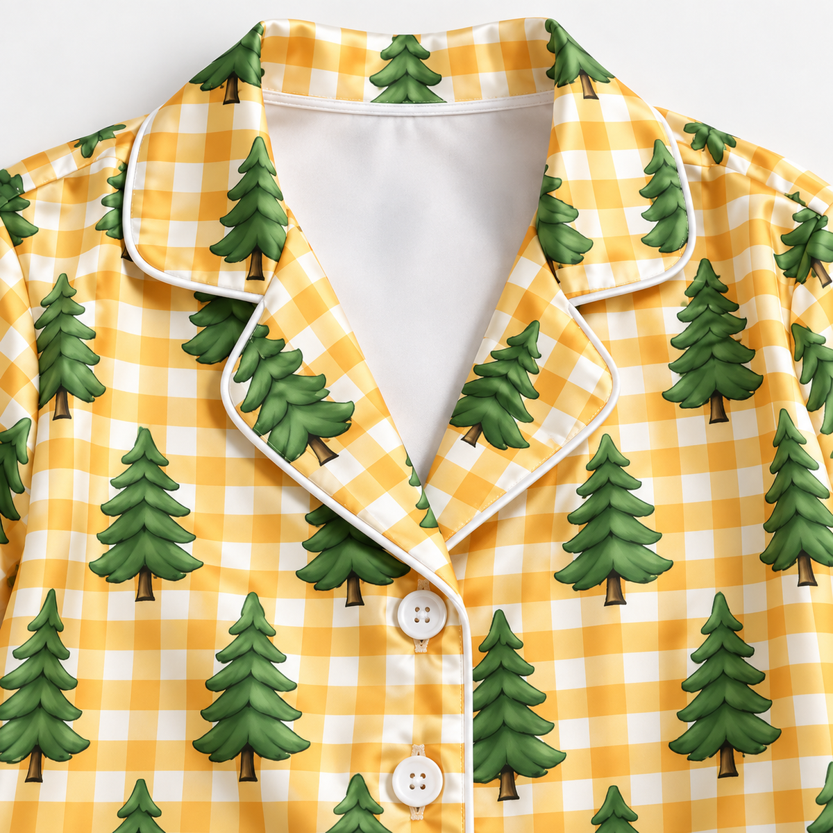 PJ-1792-Pine Tree Satin Pajama Set with Golden Gingham Checks and Evergreen Forest Pattern for Cozy Sleepwear