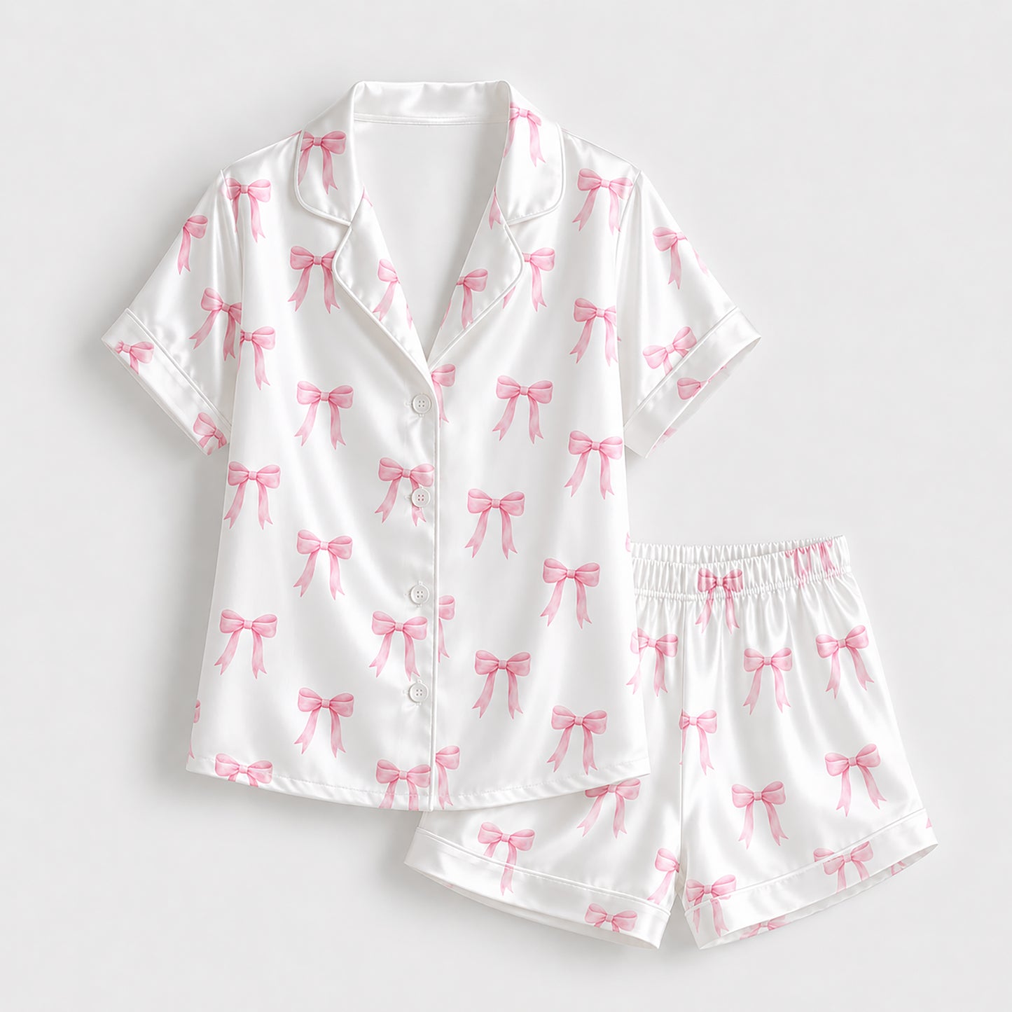 PJ-180-Satin White Pink Coquette Bow Classic Piping Button Up Pajama Set FREE SHIPING