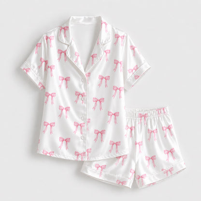 PJ-180-Satin White Pink Coquette Bow Classic Piping Button Up Pajama Set FREE SHIPING