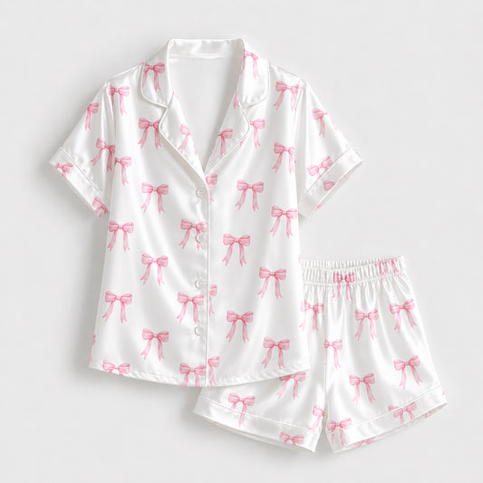 PJ-180-Satin White Pink Coquette Bow Classic Piping Button Up Pajama Set FREE SHIPPING