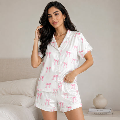 PJ-180-Satin White Pink Coquette Bow Classic Piping Button Up Pajama Set FREE SHIPING