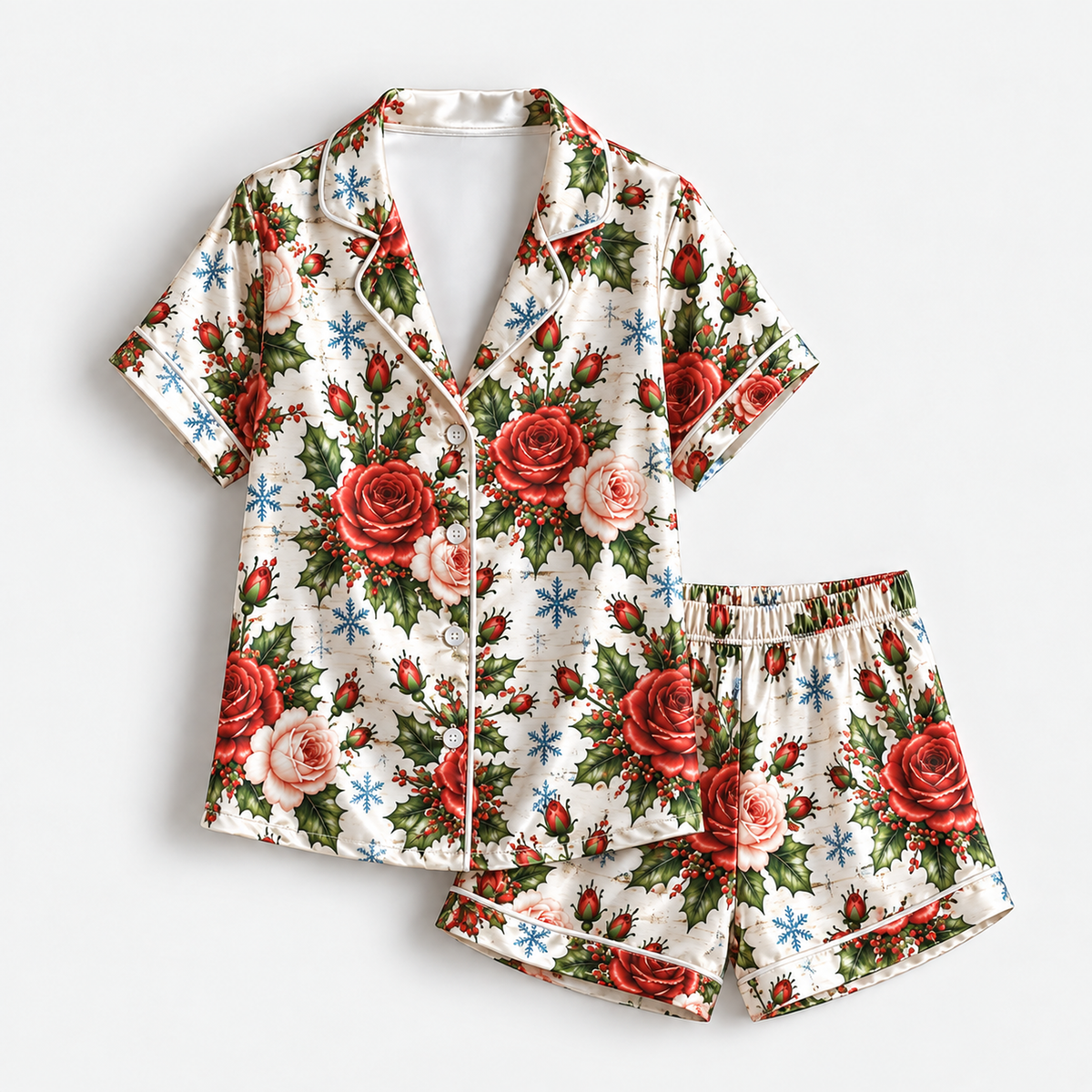 PJ-1806-Christmas Rose Satin Pajama Set with Red Roses Holly Berries Snowflakes and Festive Winter Floral Pattern for Cozy Sleepwear