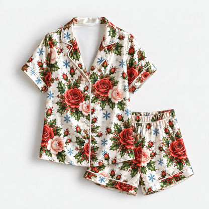 PJ-1806-Christmas Rose Satin Pajama Set with Red Roses Holly Berries Snowflakes and Festive Winter Floral Pattern for Cozy Sleepwear