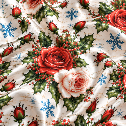 PJ-1806-Christmas Rose Satin Pajama Set with Red Roses Holly Berries Snowflakes and Festive Winter Floral Pattern for Cozy Sleepwear