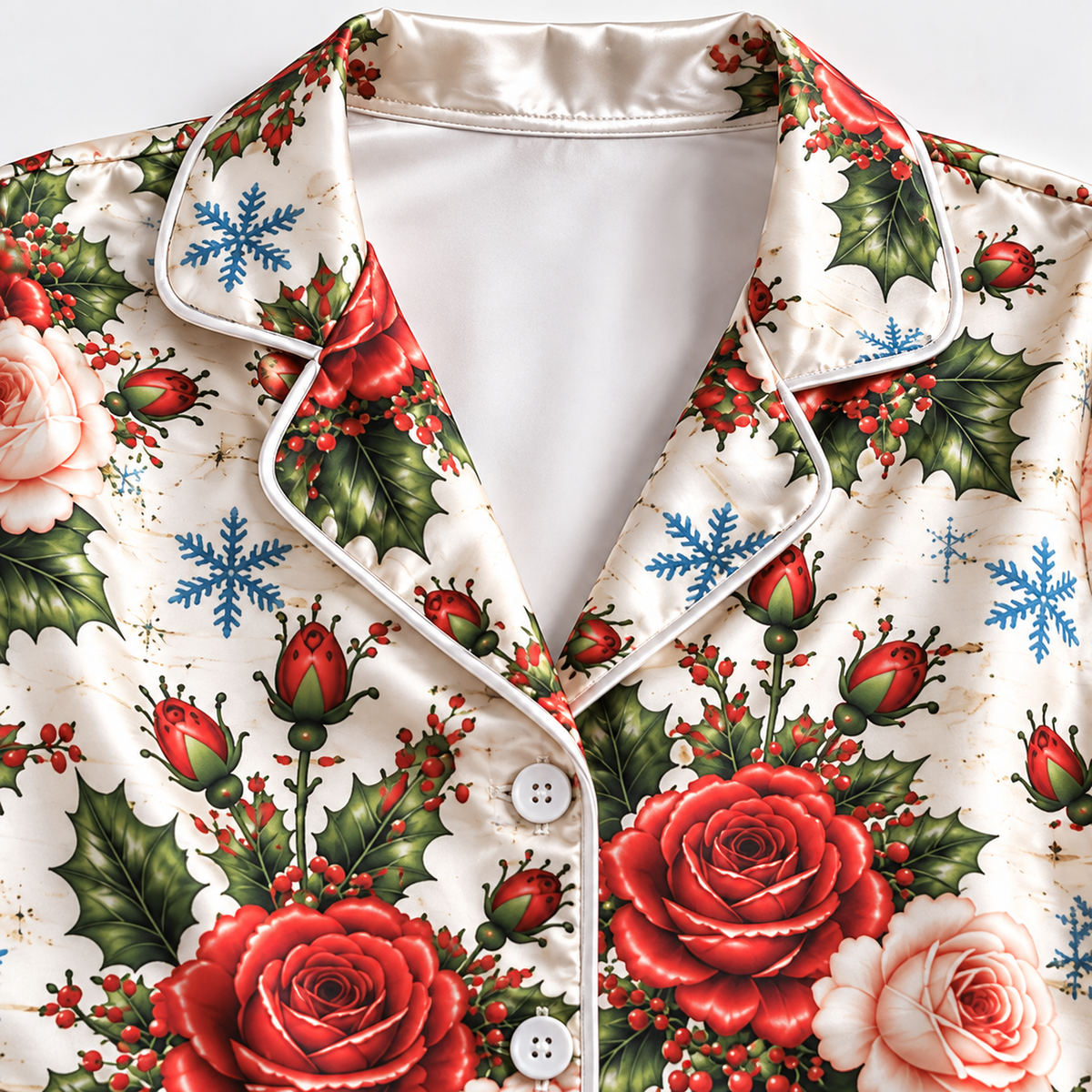 PJ-1806-Christmas Rose Satin Pajama Set with Red Roses Holly Berries Snowflakes and Festive Winter Floral Pattern for Cozy Sleepwear
