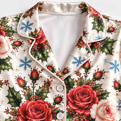 PJ-1806-Christmas Rose Satin Pajama Set with Red Roses Holly Berries Snowflakes and Festive Winter Floral Pattern for Cozy Sleepwear