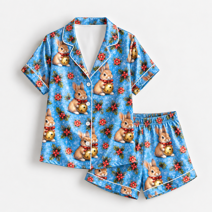 PJ-1808-Christmas Bunny Satin Pajama Set with Festive Rabbits Ornaments Red Flowers and Snowy Blue Holiday Pattern for Cozy Sleepwear