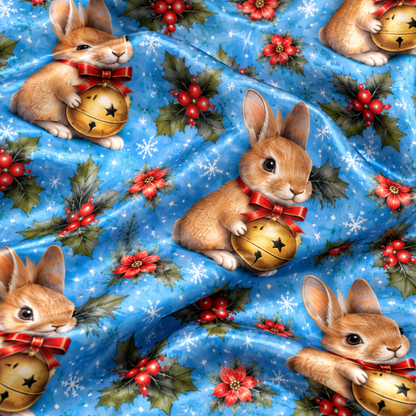 PJ-1808-Christmas Bunny Satin Pajama Set with Festive Rabbits Ornaments Red Flowers and Snowy Blue Holiday Pattern for Cozy Sleepwear