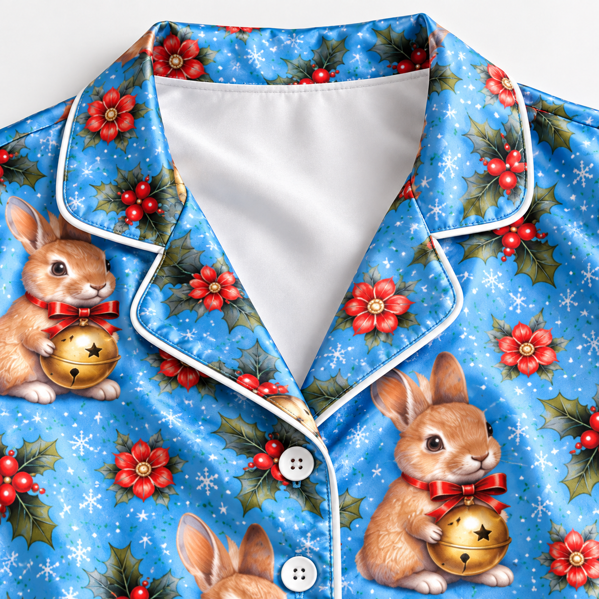 PJ-1808-Christmas Bunny Satin Pajama Set with Festive Rabbits Ornaments Red Flowers and Snowy Blue Holiday Pattern for Cozy Sleepwear