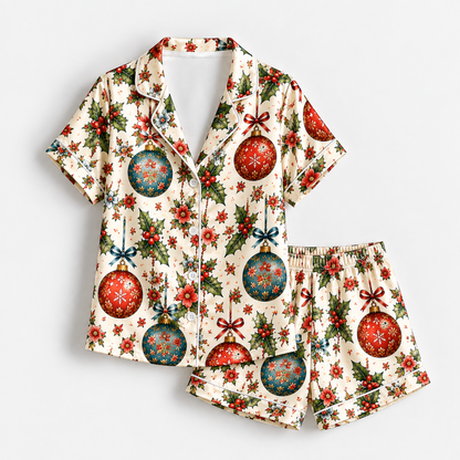 PJ-1809-Vintage Christmas Ornament Satin Pajama Set with Holly Bows Snowflakes and Festive Botanical Holiday Pattern for Cozy Sleepwear