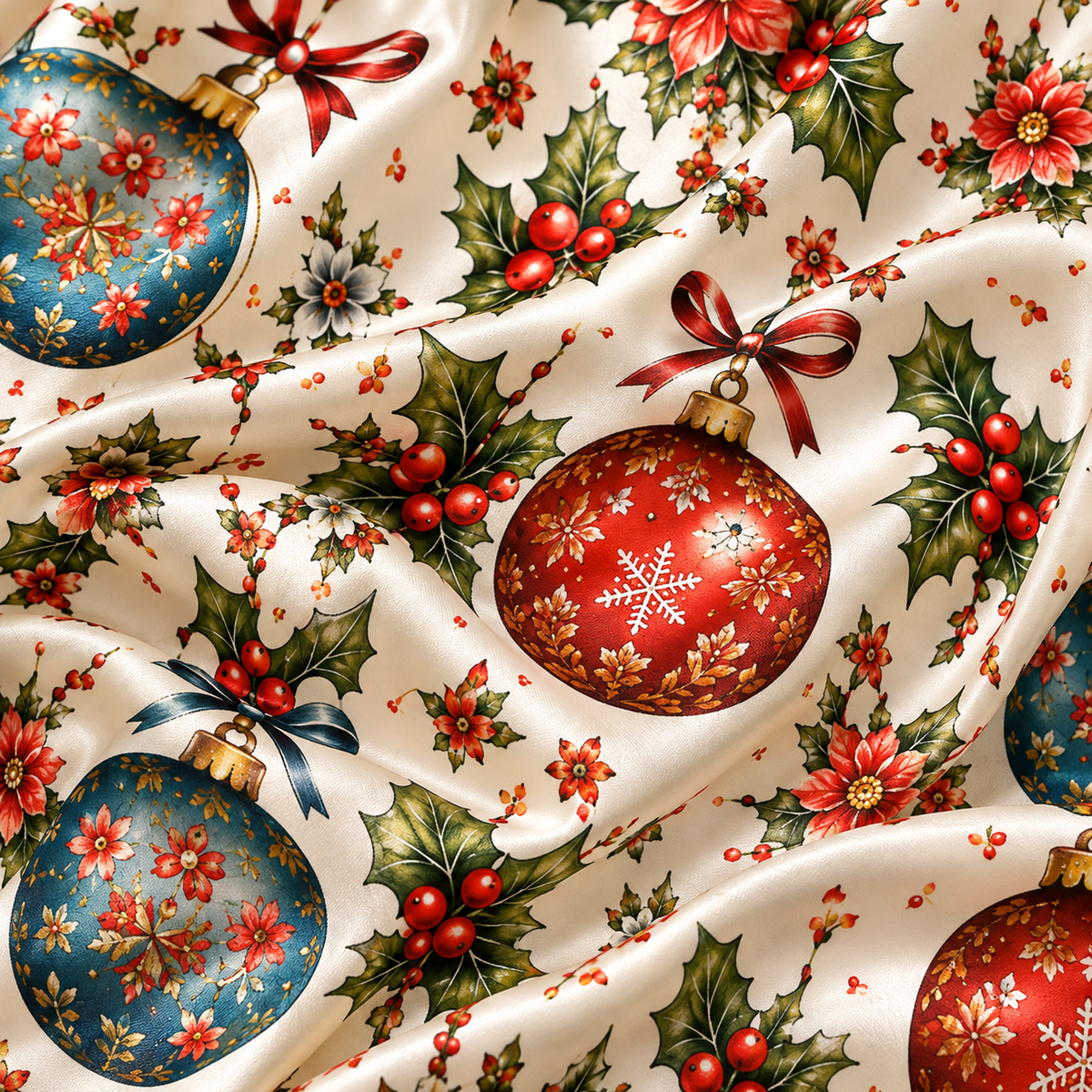 PJ-1809-Vintage Christmas Ornament Satin Pajama Set with Holly Bows Snowflakes and Festive Botanical Holiday Pattern for Cozy Sleepwear