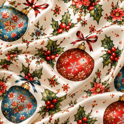 PJ-1809-Vintage Christmas Ornament Satin Pajama Set with Holly Bows Snowflakes and Festive Botanical Holiday Pattern for Cozy Sleepwear