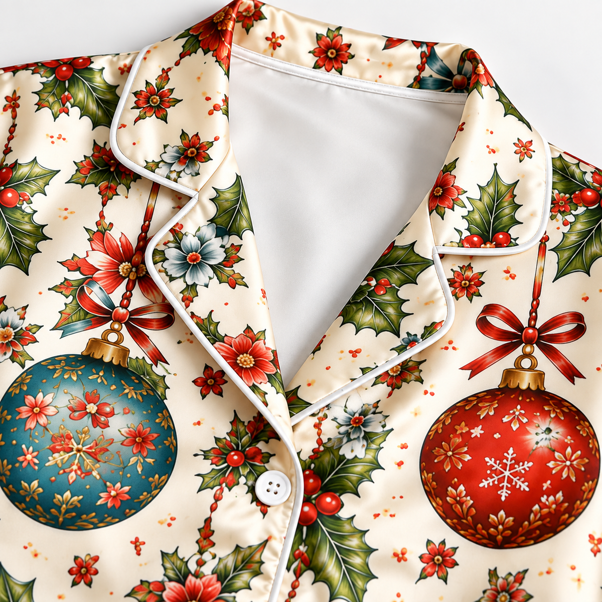 PJ-1809-Vintage Christmas Ornament Satin Pajama Set with Holly Bows Snowflakes and Festive Botanical Holiday Pattern for Cozy Sleepwear