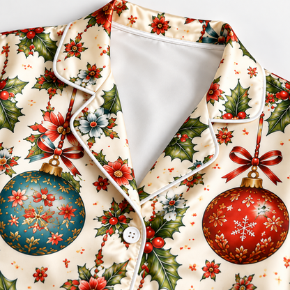 PJ-1809-Vintage Christmas Ornament Satin Pajama Set with Holly Bows Snowflakes and Festive Botanical Holiday Pattern for Cozy Sleepwear