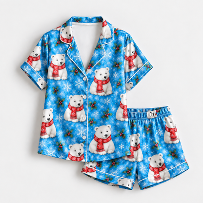 PJ-1812-Christmas Polar Bear Satin Pajama Set with Red Winter Sweaters Snowflakes Holly and Festive Blue Holiday Pattern for Cozy Sleepwear