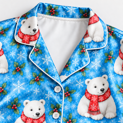 PJ-1812-Christmas Polar Bear Satin Pajama Set with Red Winter Sweaters Snowflakes Holly and Festive Blue Holiday Pattern for Cozy Sleepwear