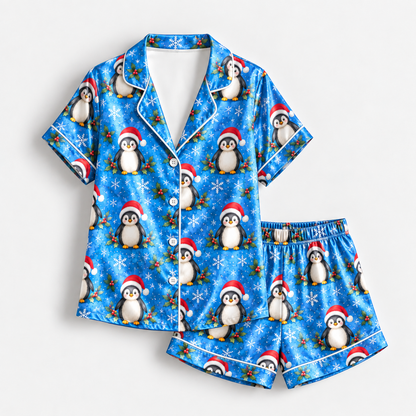 PJ-1814-Christmas Penguin Satin Pajama Set with Santa Hats Snowflakes Holly and Festive Blue Winter Holiday Pattern for Cozy Sleepwear