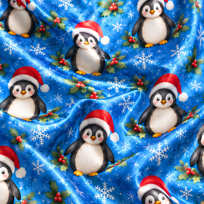 PJ-1814-Christmas Penguin Satin Pajama Set with Santa Hats Snowflakes Holly and Festive Blue Winter Holiday Pattern for Cozy Sleepwear