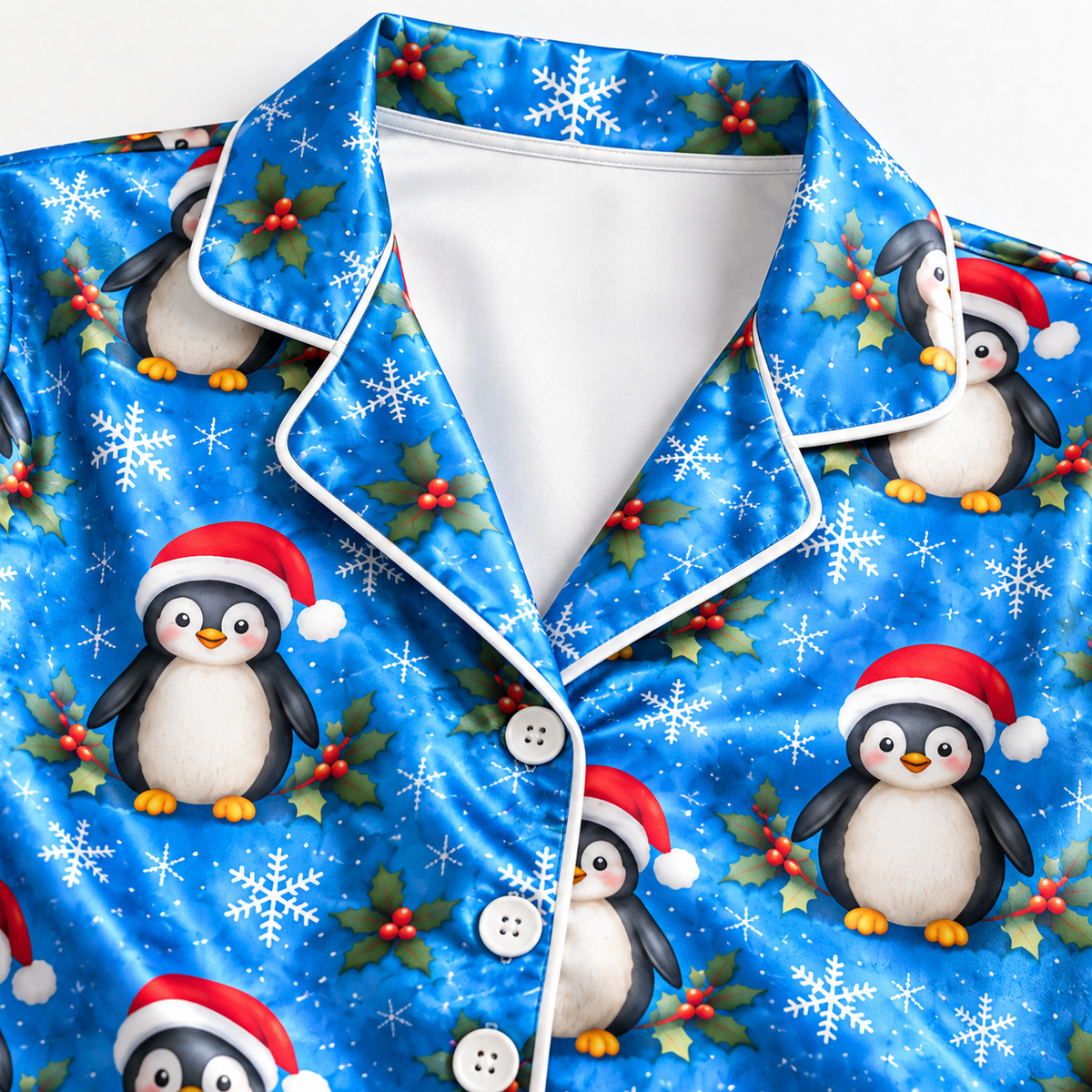 PJ-1814-Christmas Penguin Satin Pajama Set with Santa Hats Snowflakes Holly and Festive Blue Winter Holiday Pattern for Cozy Sleepwear