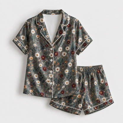 PJ-182-Gray Floral Satin Sleepwear Set With Daisy Print And Comfortable Matching Pajama Bottoms FREE SHIPING