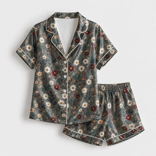 PJ-182-Gray Floral Satin Sleepwear Set With Daisy Print And Comfortable Matching Pajama Bottoms FREE SHIPPING