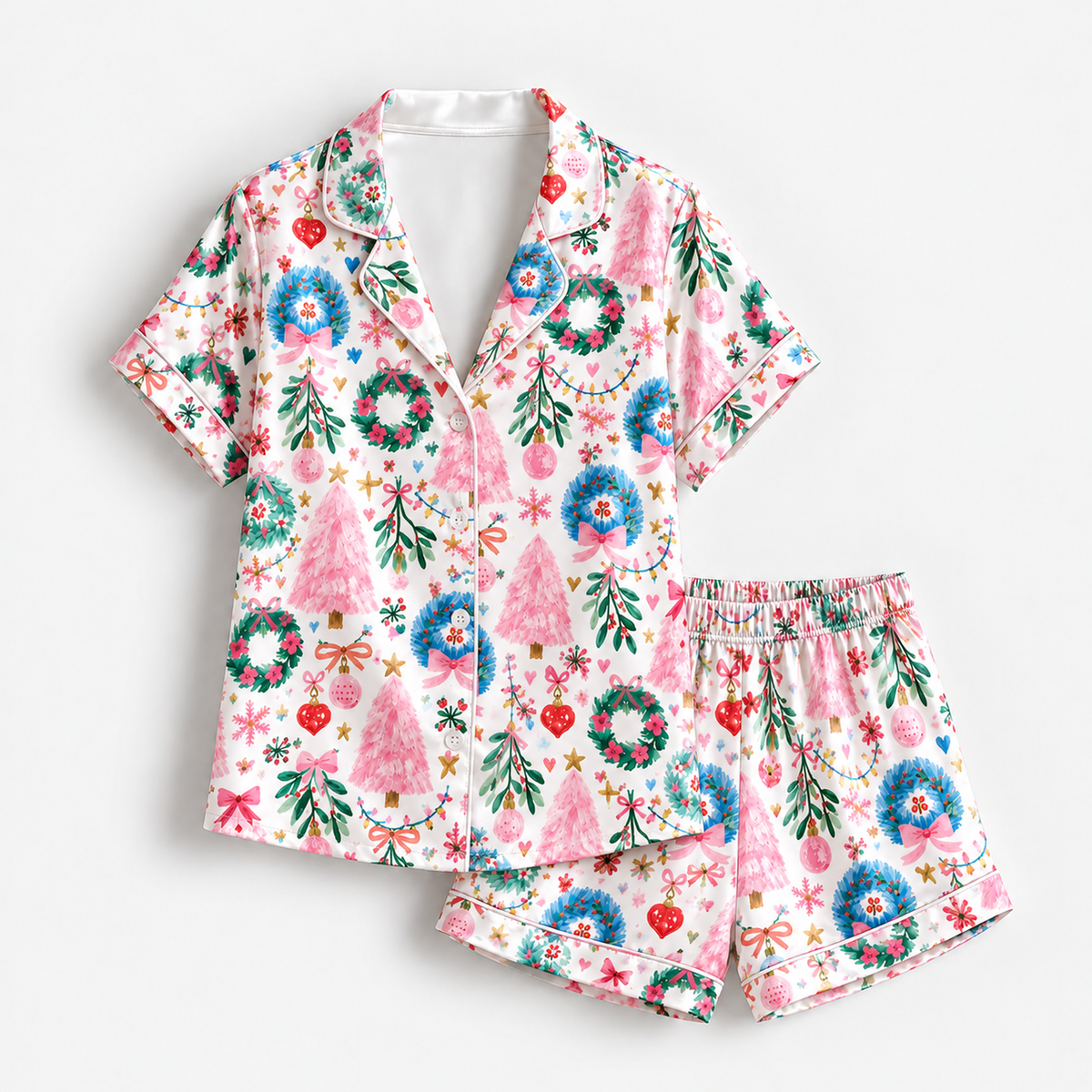 PJ-1828-Pink Christmas Satin Pajama Set with Wreaths Christmas Trees Ornaments Bows and Festive Botanical Holiday Pattern for Cozy Sleepwear