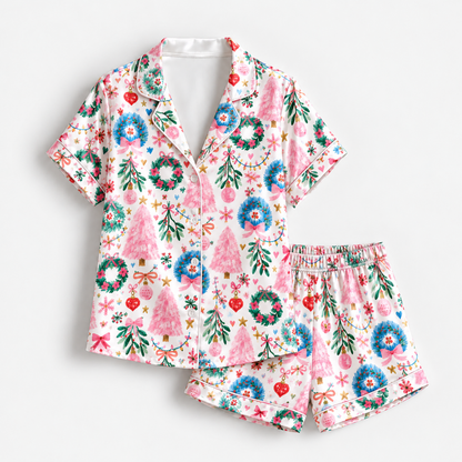 PJ-1828-Pink Christmas Satin Pajama Set with Wreaths Christmas Trees Ornaments Bows and Festive Botanical Holiday Pattern for Cozy Sleepwear